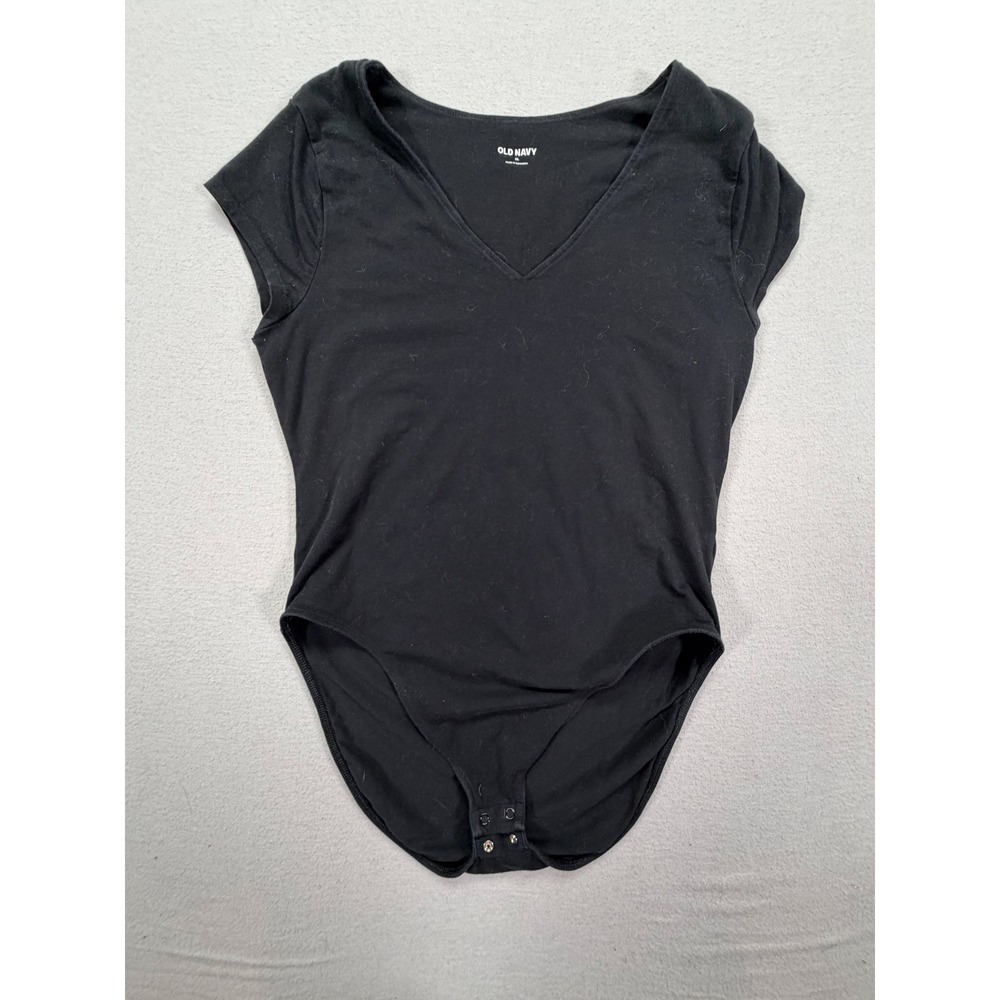 Old Navy Bodysuit Women XL‎ Good Black V-Neck Short Sleeve Snap Closure